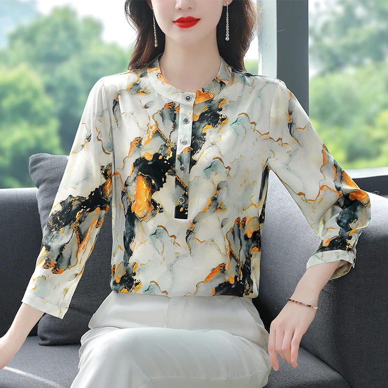 

Весенне-летняя коллекция 2026: Элегантная модная блузка с принтом и воротником-стойкой, рукав 3/4, женская рубашка-блуза