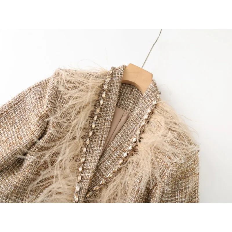 Women Beige Tweed Two Piece Set Feather Trim Rhinestone Cropped Jacket Midi Skirt Elegant Party Suit image 3