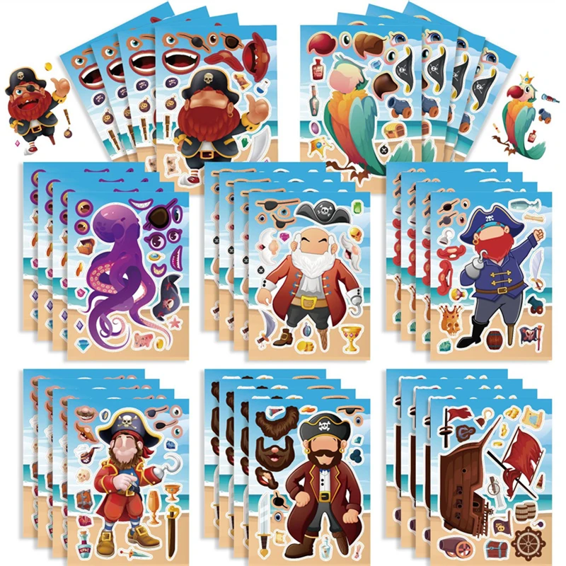 8-24sheet Make Your Own Pirate Stickers for Boys Girls DIY Captain Face Puzzle Jigsaw Sticker Kids Birthday Party Favor Supplies