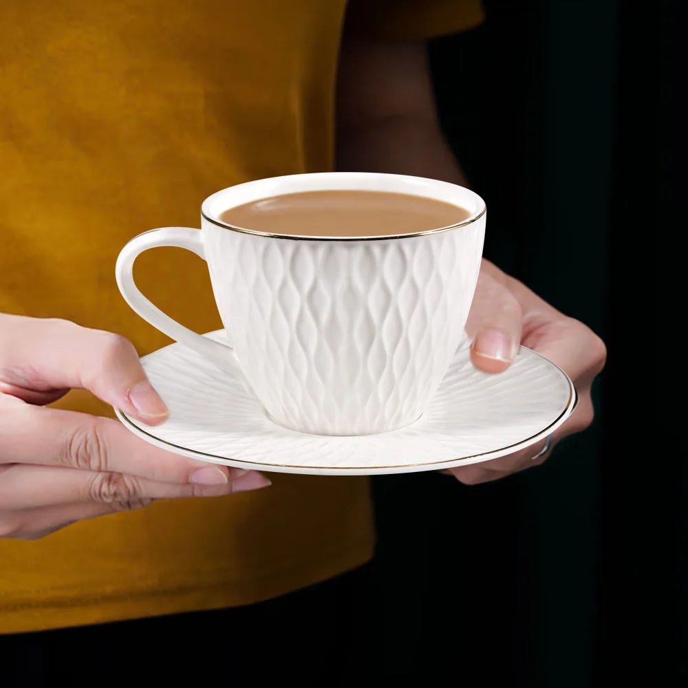 

6 Cup + 6 Saucer Set 180ml Royal Nordic Gold Luxury Rim Embossed RTS C&S Set Porcelain Fine Bone China Coffee and Tea Cup Sets