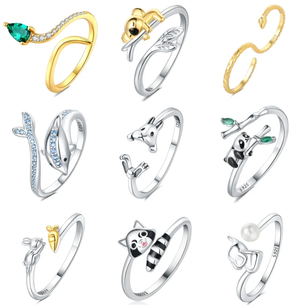 

925 Sterling Silver Rabbits Pandas Animals Opening Rings For Women Adjustable Finger Ring Girl Personality Jewelry Party Gifts