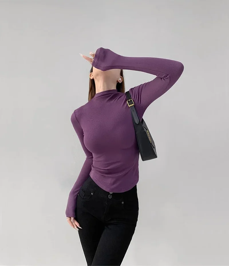 Women's Ribbed Long Sleeve Top With Turtle Neck Curve Hem Fitted Top