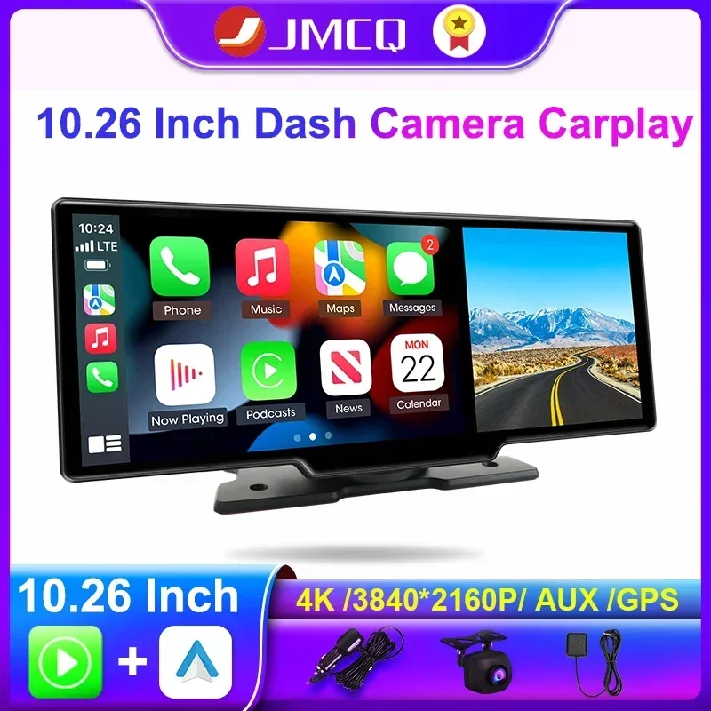 

JMCQ 10.26 Inch Dash Camera 4K 3840*2160P Car DVR Wireless Connection Carplay & Android Auto WiFi Bluetooth GPS Navigation DVR