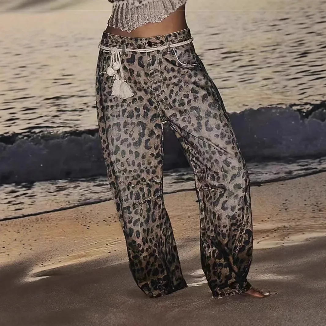 Celana Jeans Wanita High Waist Motif Leopard Model Straight Leg Gaya Musim Gugur Terbaru Desain Cross-Border Trendi dan Kasual