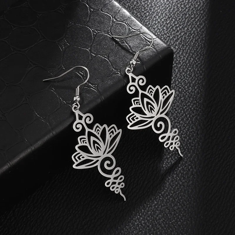 Exquisite Stainless Steel Religious Lotus Pendant Earrings Hypoallergenic Earrings Women's Fashion Yoga Casual Gift