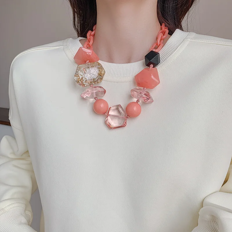 Trendy Colorful Chain Necklace for Women 2023 Korean Fashion Acrylic Beads Pendant Choker Necklace Girls Vintage Jewelry Gifts