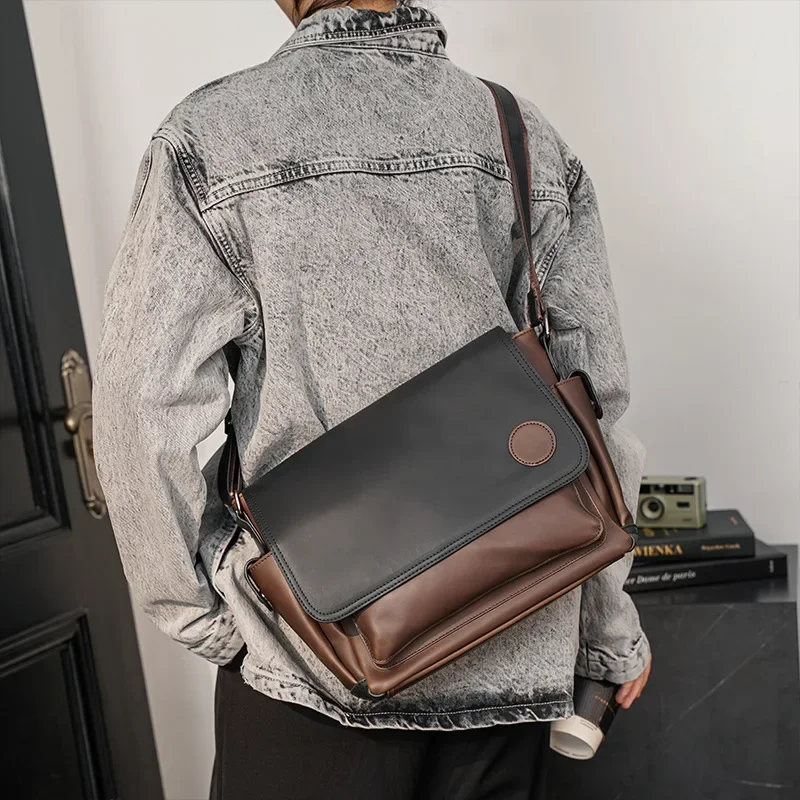 Fashion Patchwork Leather Messenger Bag Men High-capacity Men's Crossbody Bag Satchels Shoulder Messenger Bags Male Bolsos