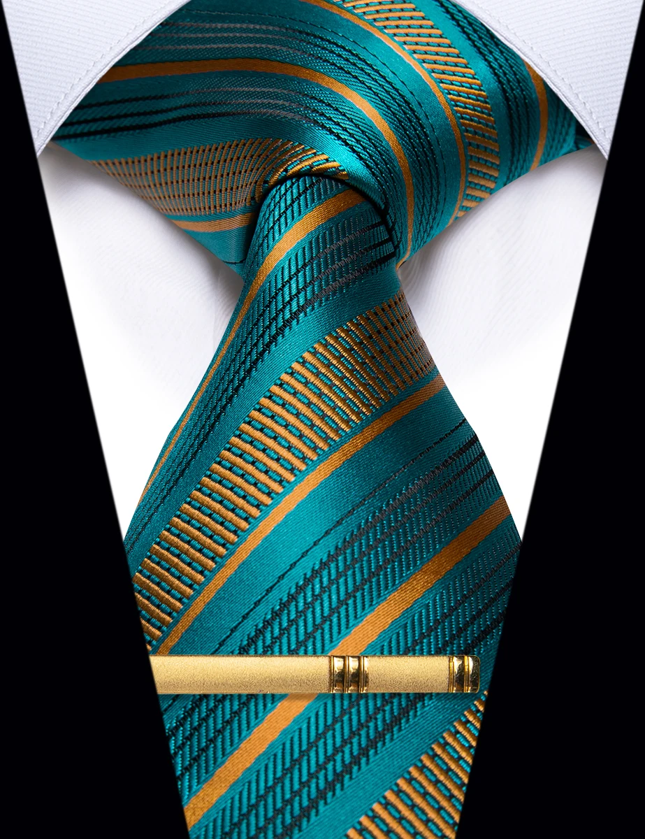 Novalty Gold Green Striped Tie for Man Wedding Business Wholesale Fashion Silk Men's Necktie Clip Set Shirt Waistcoat Accessorie