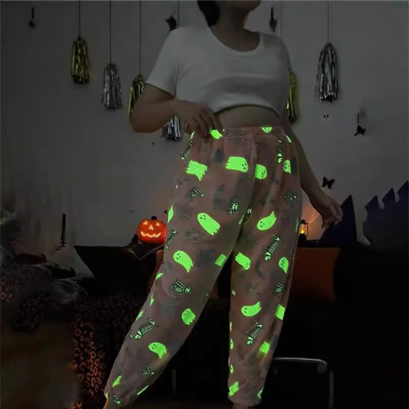 

Halloween Night Light Flannel Sleepwear Women's Autumn and Winter Warm and Casual Home Graffiti Glowing Pants,Cartoon,Pumpkin