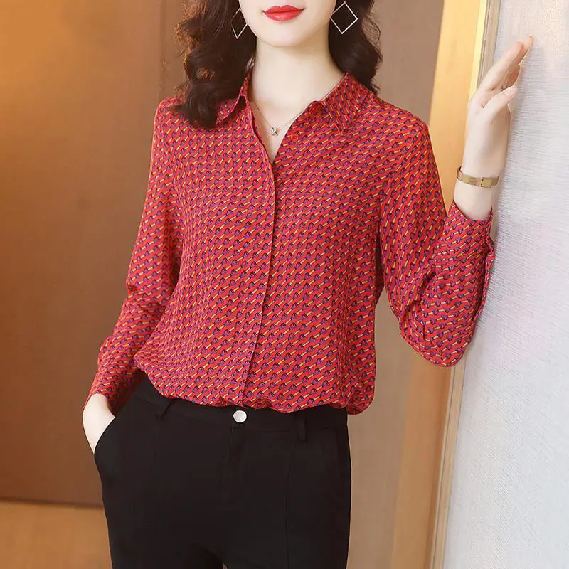 Fashion Broken Flowers Casual Blouse Commute Turn-down Collar Single-breasted Female Spring Autumn Korean Loose Straight Shirt