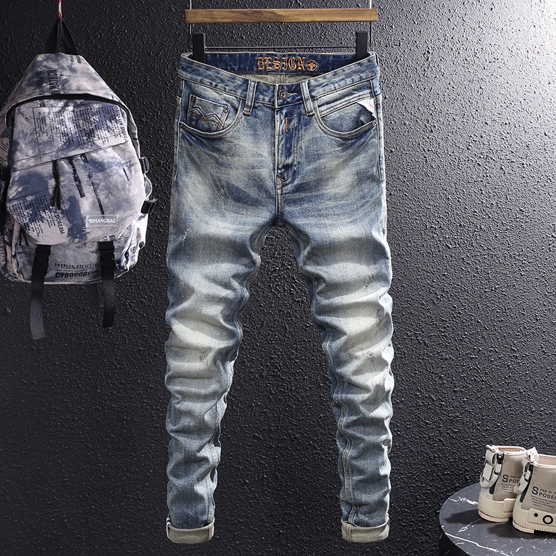 

Italian Style Fashion Men Jeans Retro Washed Blue Elastic Stretch Slim Fit Vintage Jeans High Quality Casual Denim Pants Hombre