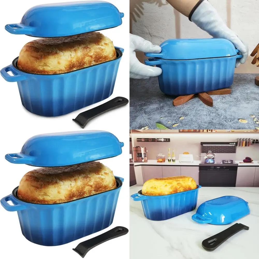 

Enameled Cast Iron Dutch Oven Bread Pan with Lid, 4 Qt, Blue, Dishwasher Safe for Large Sourdough Loaves