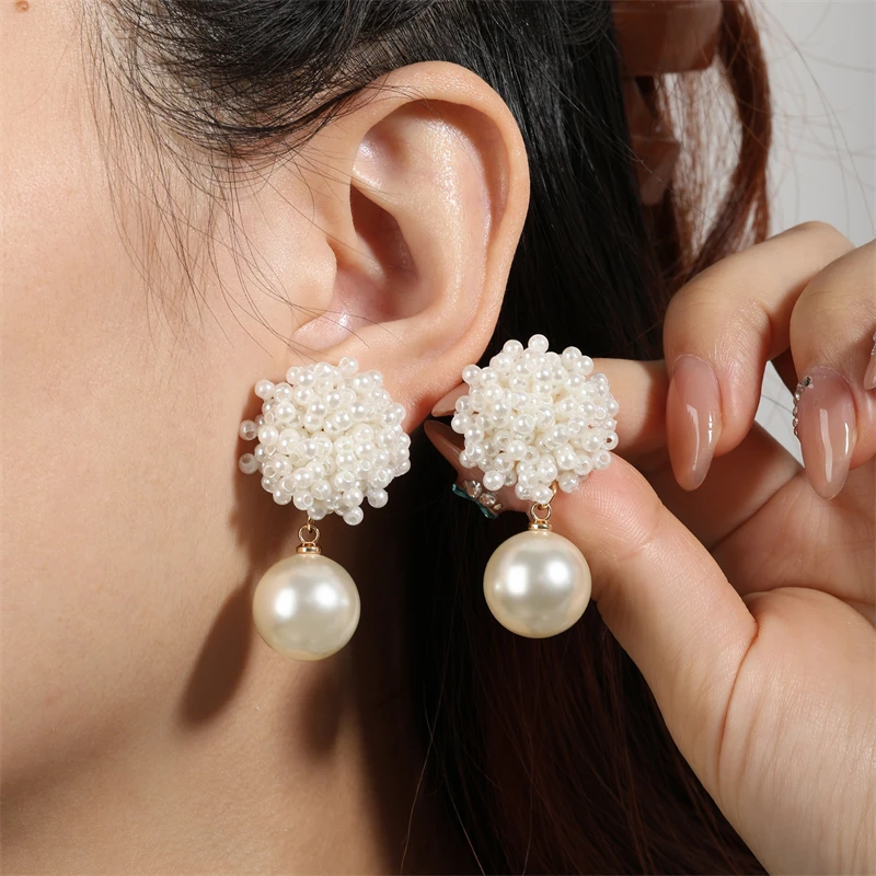 ZAKOL Korean Trendy White Spherical Imitation Pearl Drop Earrings for Women Elegant Bridal Wedding Jewelry