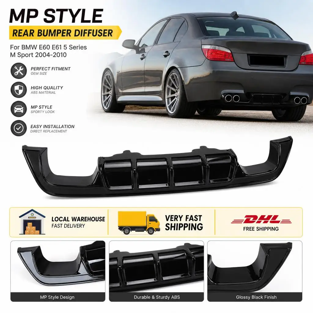 MP Style Glänzend Schwarzer Heckdiffusor für BMW E60 E61 5er Serie M Sport 2004-2010 Tuning Heckstoßstange Karosserie-Kit
