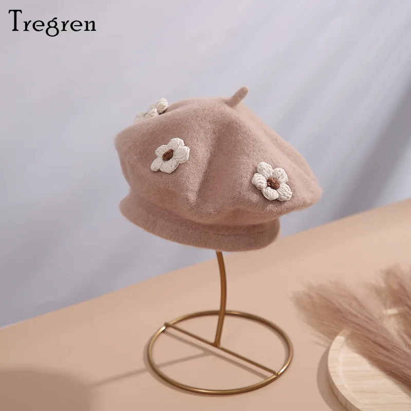 Tregren Kids Toddler Girl Classic French Berets 3D Flower Decor Artist Beanie Cap Painter Beret for School Travel Shopping Party