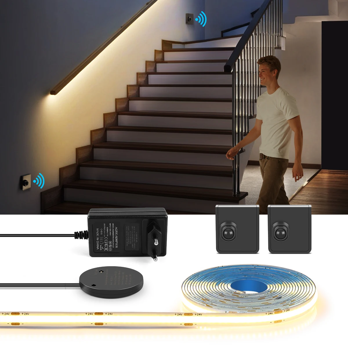 Lampka nocna LED na schody 5M 10M Przenośny czujnik ruchu PIR Staircase 24V COB LED Strip For Stairway Pathway Corridor Step Lighting