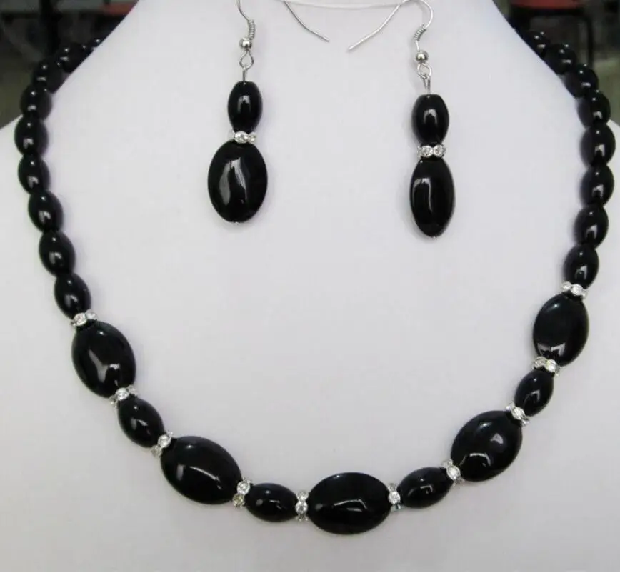 

8x12mm 13x18mm Black jade Onyx Gems Necklace 18inch Earrings set plated watch wholesale Quartz st