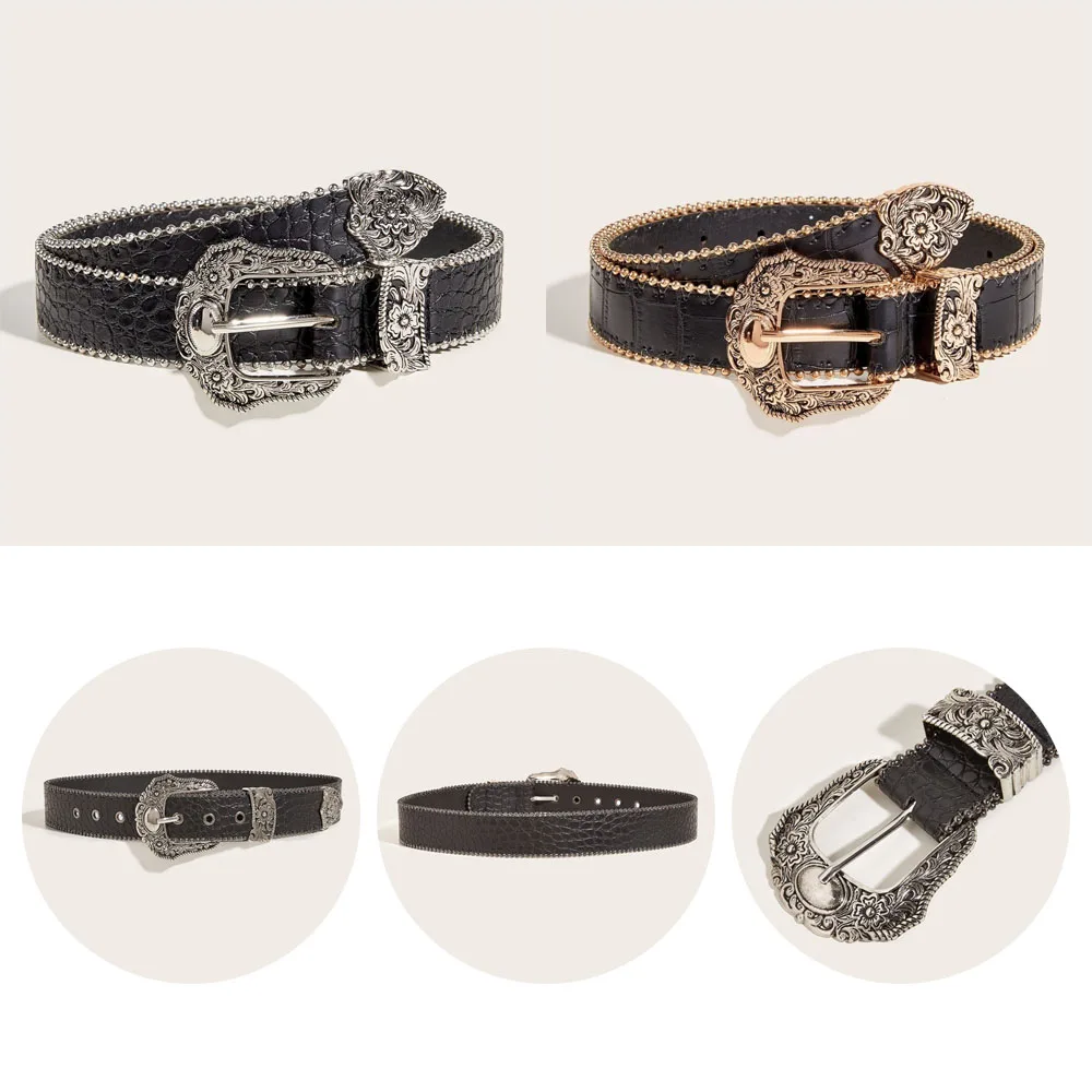 

Casual Retro PU Leather Belt Versatile with Metal Engraved Buckle Pin Buckle Belt Luxury Jeans Belt Unisex