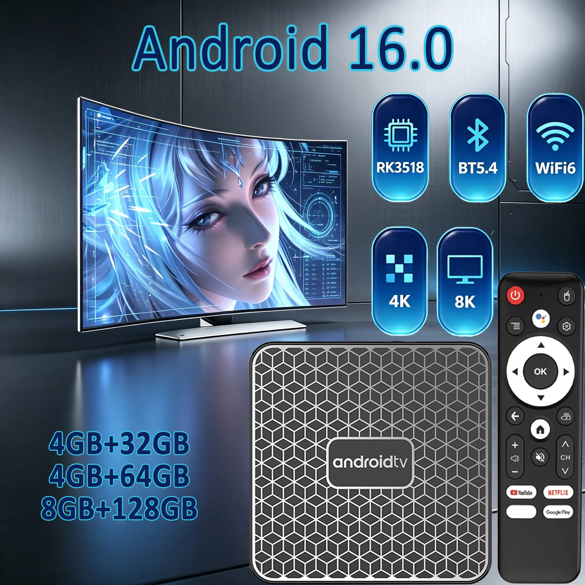 Smart TV Box Android 16 8GB 128GB 4K 8K Video Support Dual WiFi 6 BT5.4 Voice Control Google Media Player T8S RK3518 Set Top Box