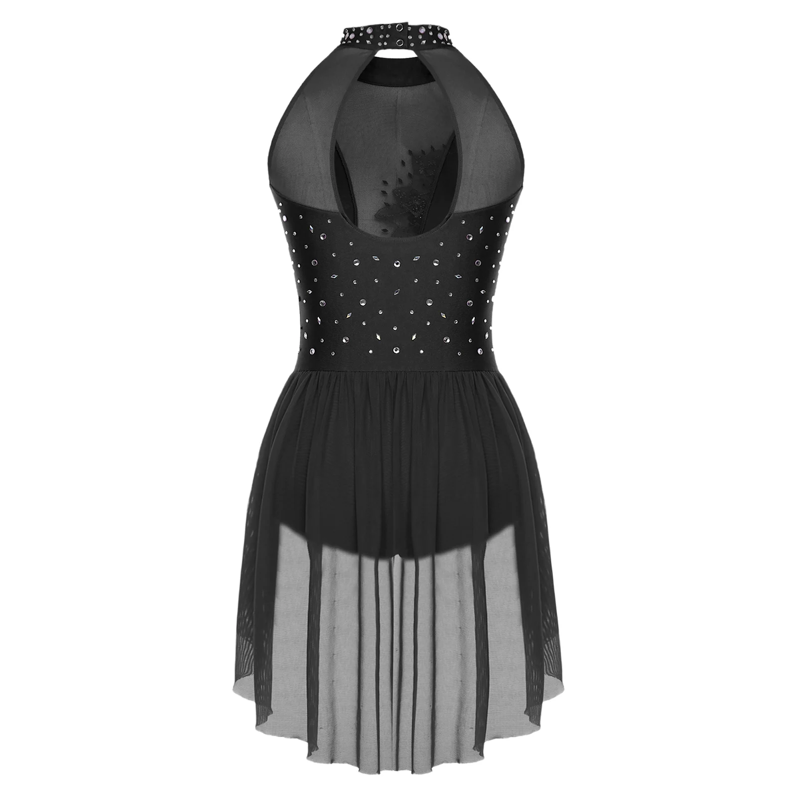 Women Skating Lyrical Dress Rhinestones Applique Dance Bodysuits Sleeveless Irregular Skirted Leotard Dress Modern Dancewear