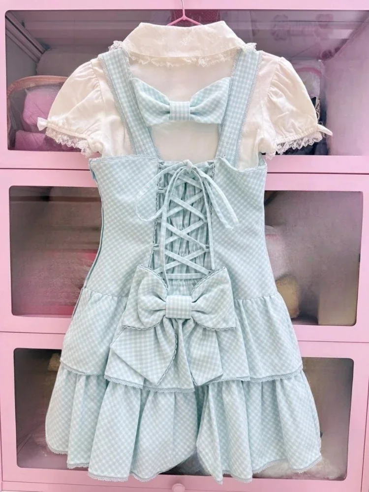 Japońska krata słodkie słodkie sukienki Harajuku Mini Love Button bez rękawów Vestidos Y2k estetyczne kobiety potargane plisowana sukienka wróżki