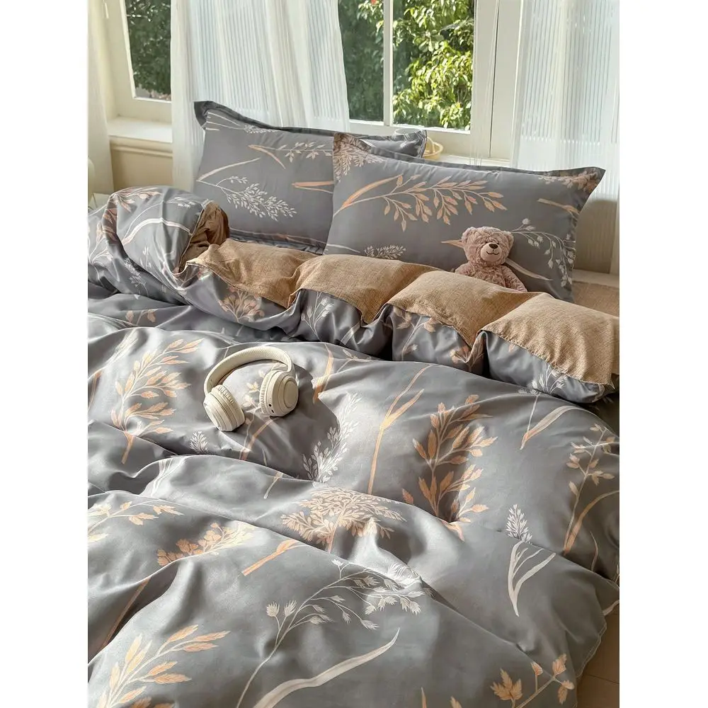 

Grey Brown Botanical Leaf Print Bedding Set 1pc Duvet Cover, 2pcs Pillowcase, 1pc Flat Sheet, Elegant Pastoral Style, SkinFrien