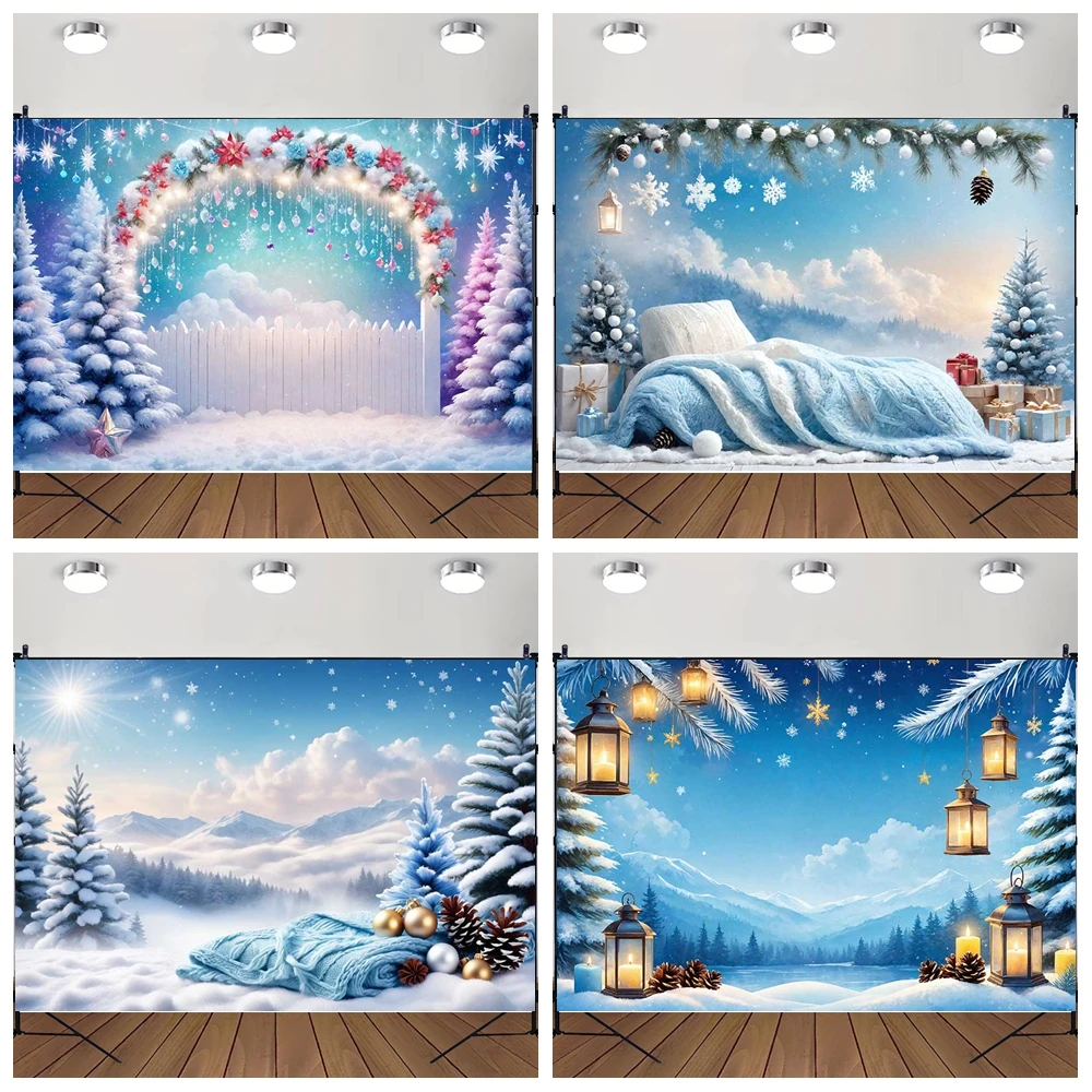 MOON.QG 크리스마스 장식 사진 배경 눈 덮인 겨울 파란색 크리스마스 나무 사진 배경 포토존 스튜디오 어린이