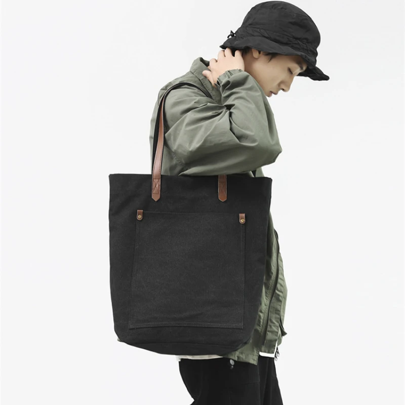 Vintage Canvas Shoulder Bag for Man Solid Color Large Capacity Students Book Bag Women Casual Handbag Purses with Outside Pocket