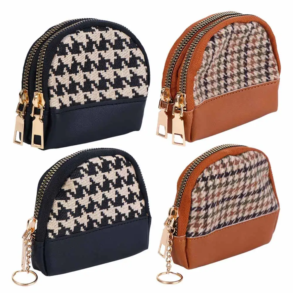 

Trendy Fashion Double Layers Zipper Mini Houndstooth Fabric Wallet Leather Bag Card Holders Women Coin Purse