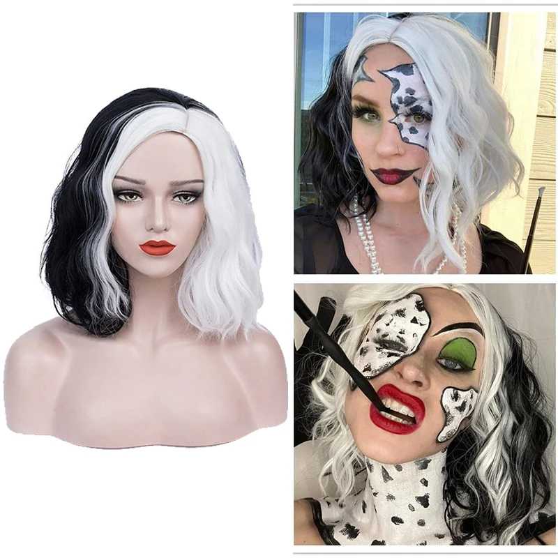 BERON Dames Kort Krullend Haar Zwart en Wit Yin-yang Pruik Golvende Pruik Halloween Cosplay Pruik Hoofdband