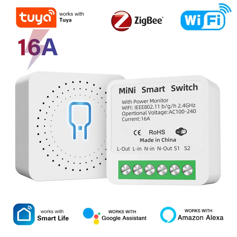 

Tuya WiFi Zigbee Smart Switch with Power Monitor, Mini 16A, DIY Light Switches, 2 Way Wireless, Work with Alexa, Google Home