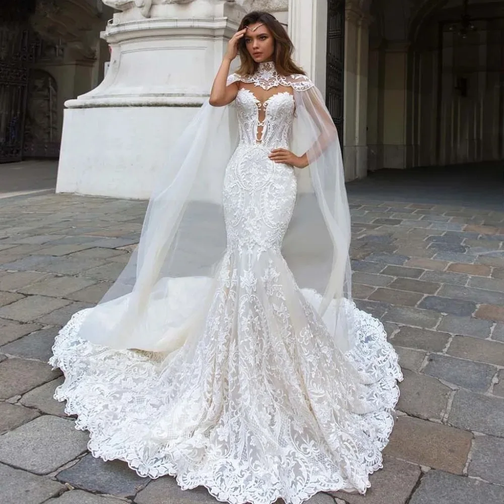 

Arabic Luxury Lace Mermaid Wedding Dresses With Cape Sheer Plunging Neck Appliqued Bridal Party Gowns Dubai Vestidos De Novia