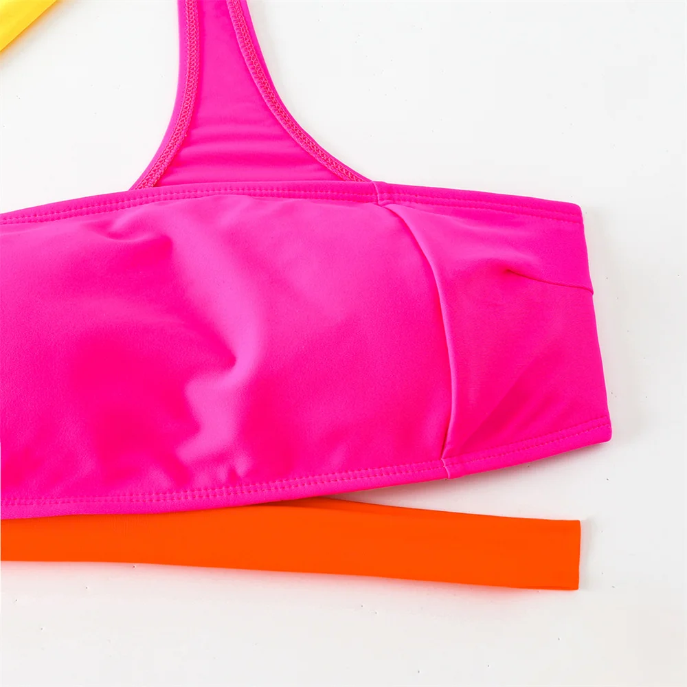 Color Blocked Bikini One Shoulder Bandage Hollow Out Swimsuit Bandeau Swimwears Women 2 Piece Beach Vacation Outfit Bathing Suit
