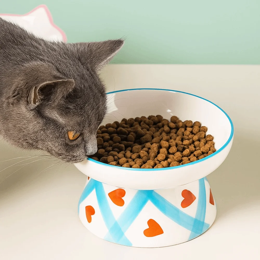 

Ceramic Cat Bowl Flat/Slanted Mouth Handmade Cat Elevated Bowl Anti Tipping Cervical Spine Protection Pet Food Bowl for Feeding