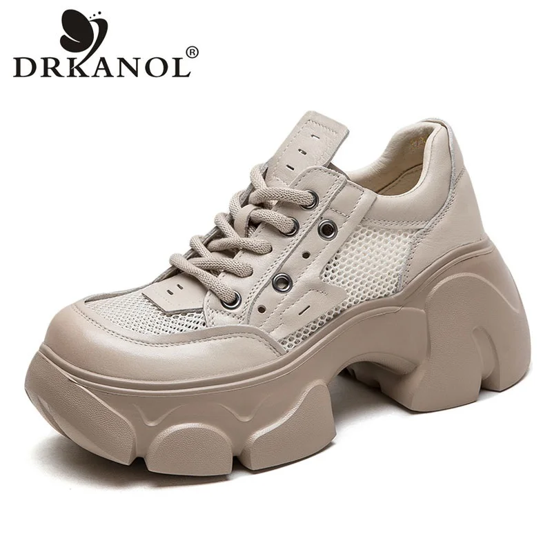 

DRKANOL Fashion Summer Platform Shoes Women Genuine Leather Mesh Breathable Thick High Heel Height Increasing Casual Shoes Lady