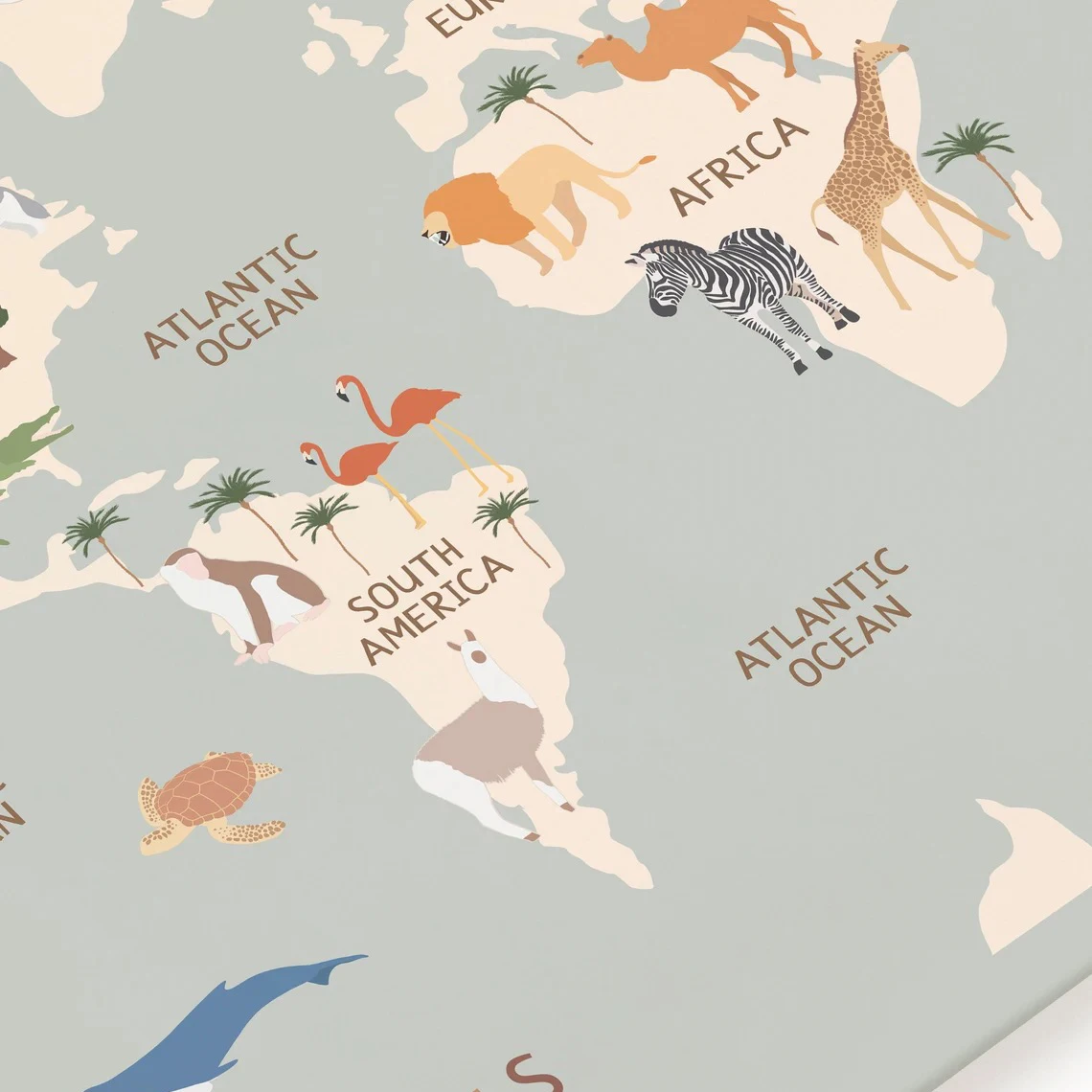 Mapa del mundo, pintura en lienzo, tema de animales Pastel, arte educativo de pared, carteles nórdicos e impresiones de imágenes para decoración de