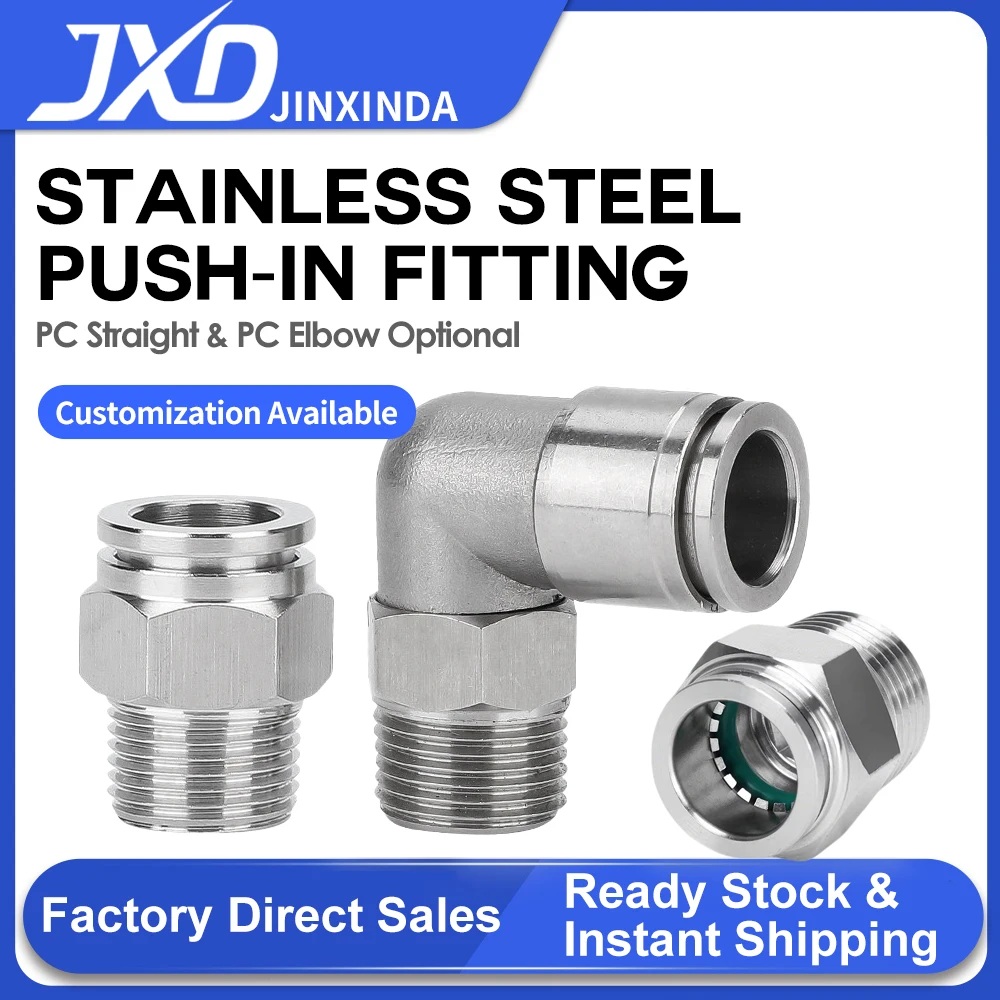 

JXD PC4/6/8/10-01/02/M5/M6 Male Thread Straight Stainless Steel Push-in Fitting, PL12/14/16-01/02/03/04/06 90° Elbow