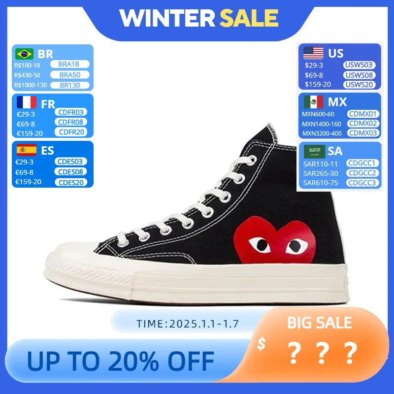 Converse 1970s Chuck Taylor All Star Hi X CDG Skateboarding Shoes Men and Women High-top Park Shoes Black White