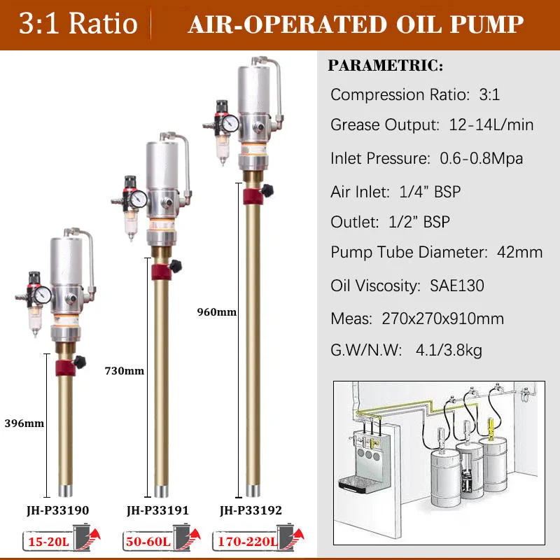 200-Liter 55-Gallon Pneumatic Oil-Water Separator Pump 3:1 and 5:1 Pneumatic Oil Pumps with Gauge Counter Distributor