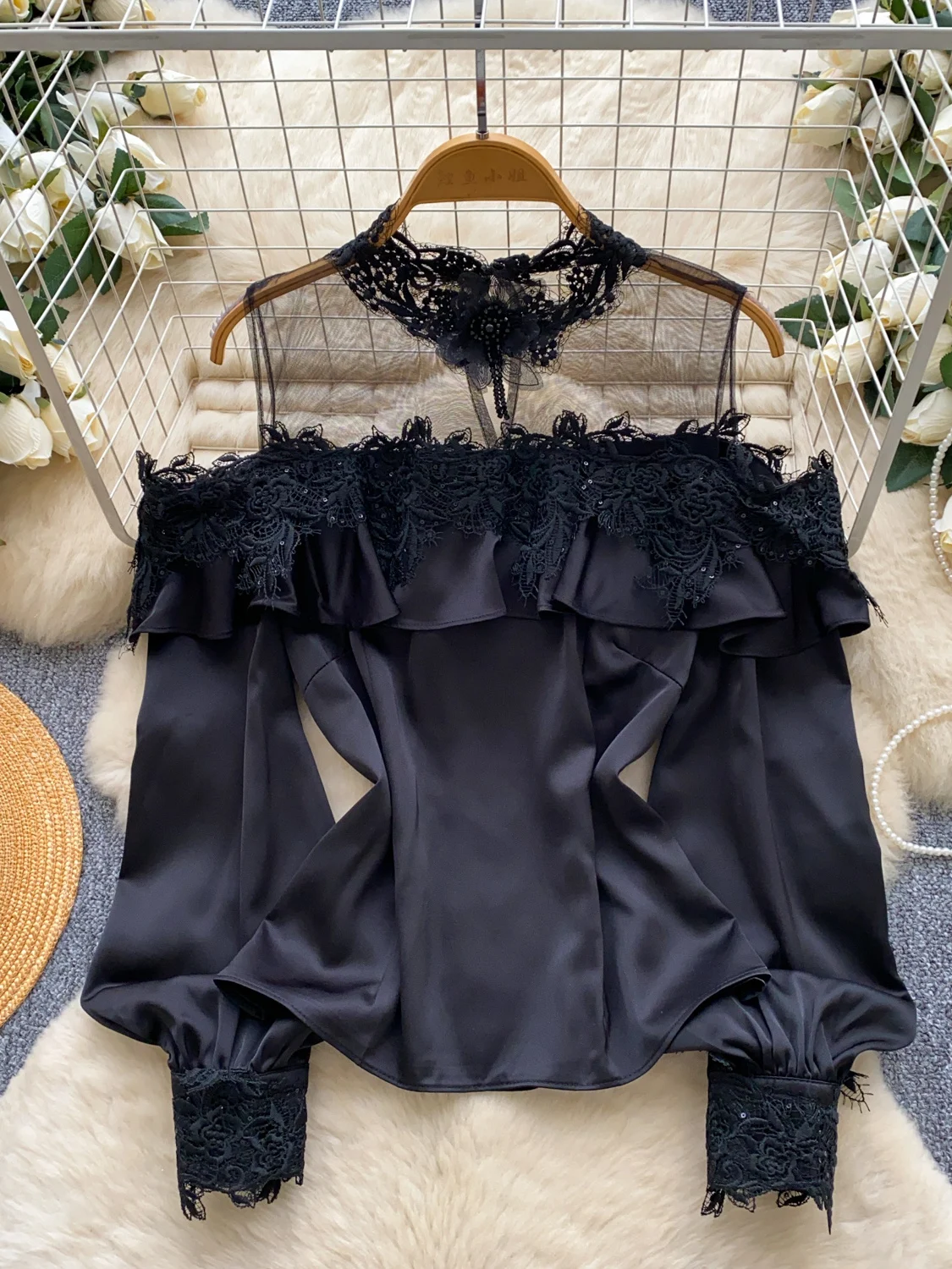 

2026 New Autumn Women Fashion Chic Stand Collar Off Shoulder Long Sleeve Shirt Lace Patchwork Ruffles Solid Satin Shirt Tops