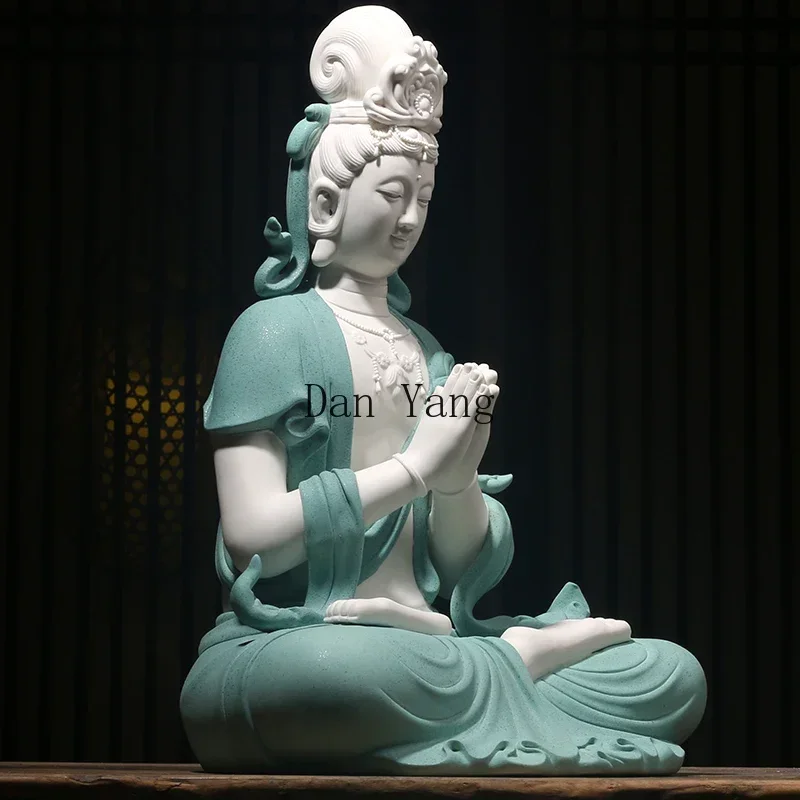 YJ white porcelain Guanyin Bodhisattva clasped his palms to bless the Buddha statue, offering cross-legged decorations,