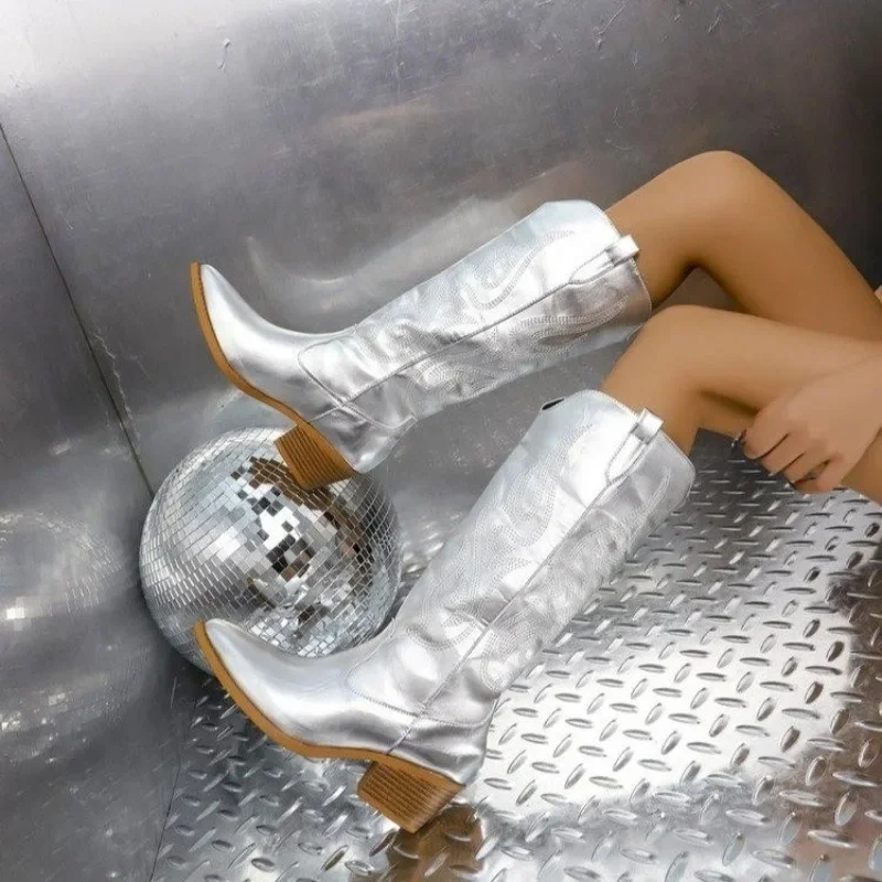 

Зима 2025, новые сапоги до колена, женские сапоги средней длины на блочном каблуке