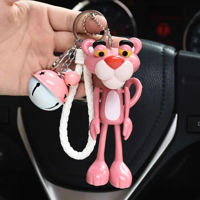 Chaveiros de couro feminino, chaveiro fofo de desenho animado de anime rosa pantera leopardo em metal d28