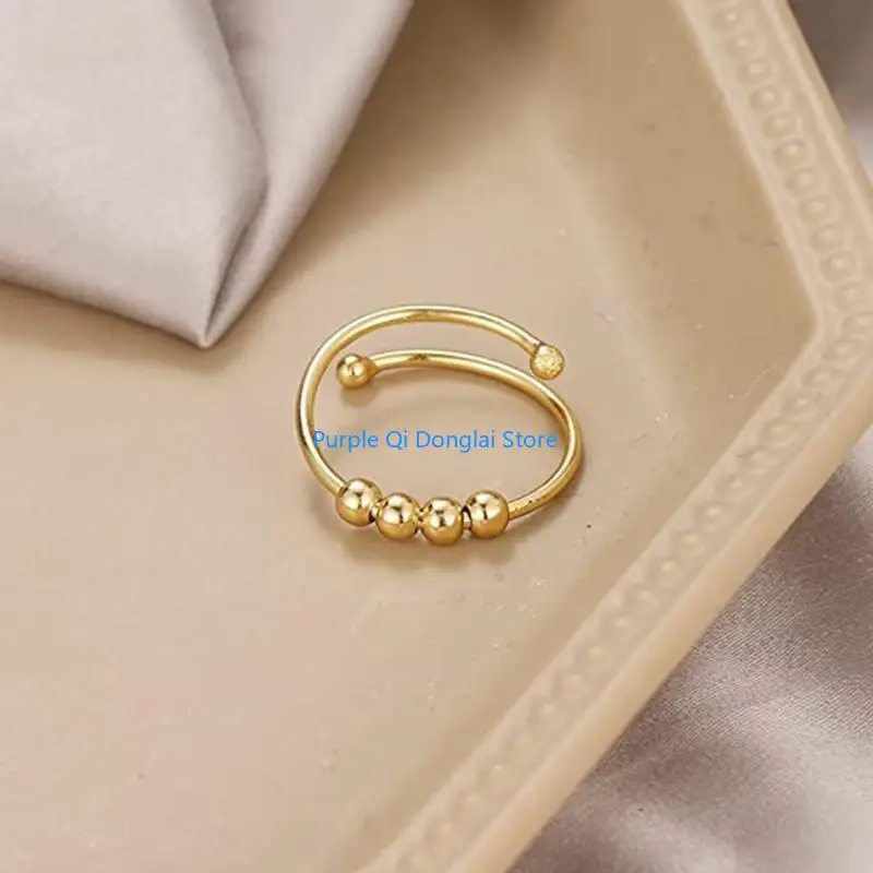 L21E Round Bead Open Ring Anxiety Relief Ring Spinner Rotate Freely Beads Jewelry