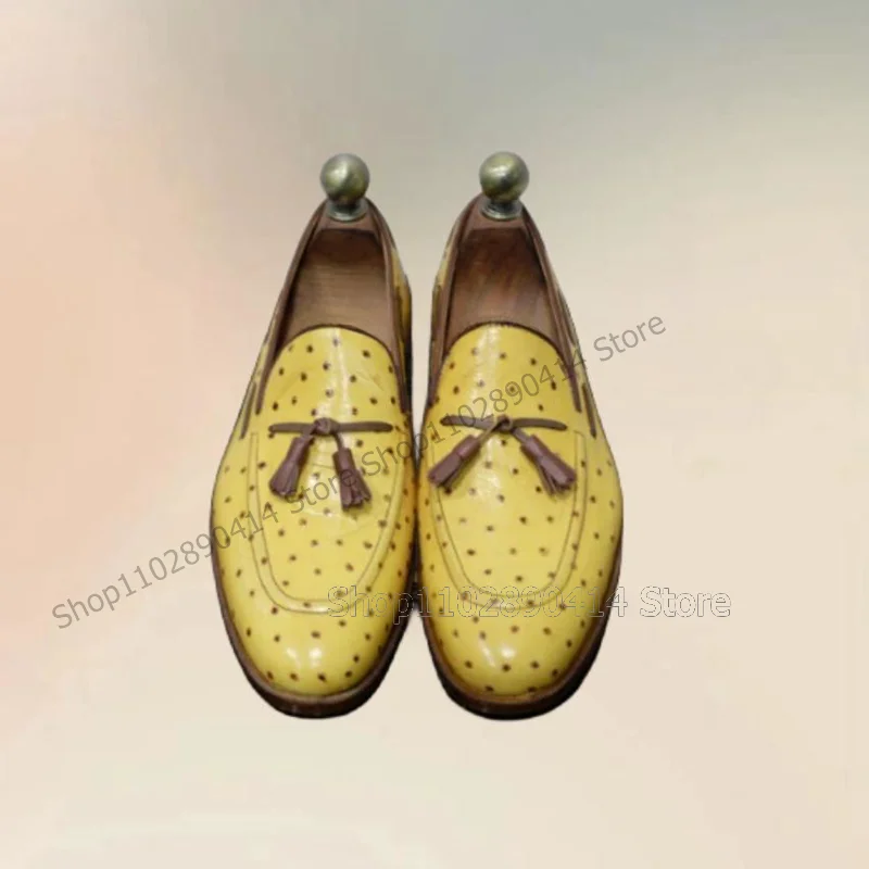 Yellow Ostrich Print Tassels Decor Penny Loafers Fashion Slip On Men Shoes Luxury Handmade Party Feast Banquet Men Casual Shoes