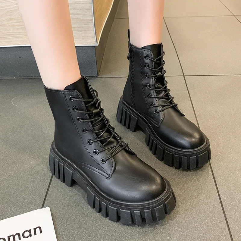 New Lace-up Short Women Ankle Boots Leather Autumn Winter Short Boots Thick Heels Round Toe Shoes Woman Mature Basic Office Lady