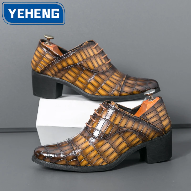 

Men Designer Original High Heels Leather Shoes Club Shoes Pointed Toe English Stone Pattern Stage Social Party Catwalk Shoes