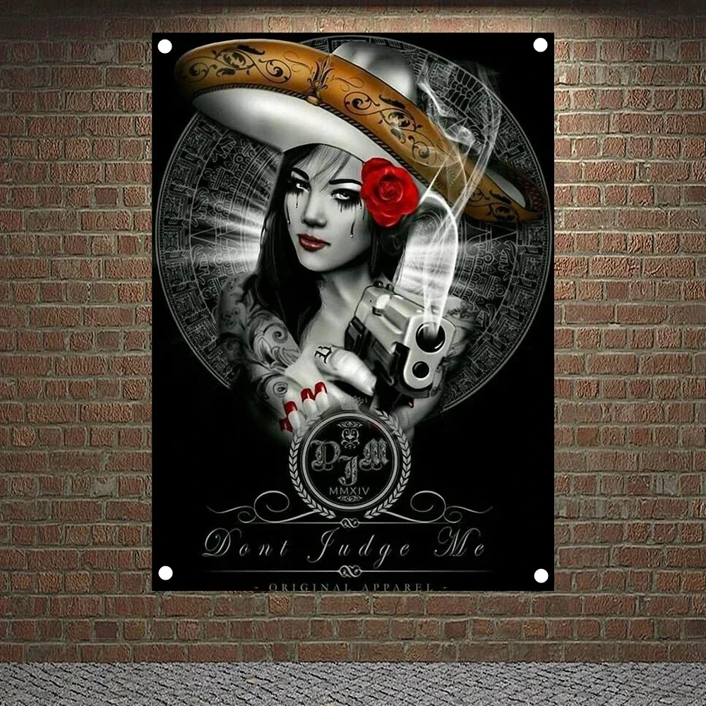 Girls from Viva Mexico Banner Canvas Painting Chicano Tattoo Art Posters and Prints Wall Hanging Flag Wall Sticker Home Decor