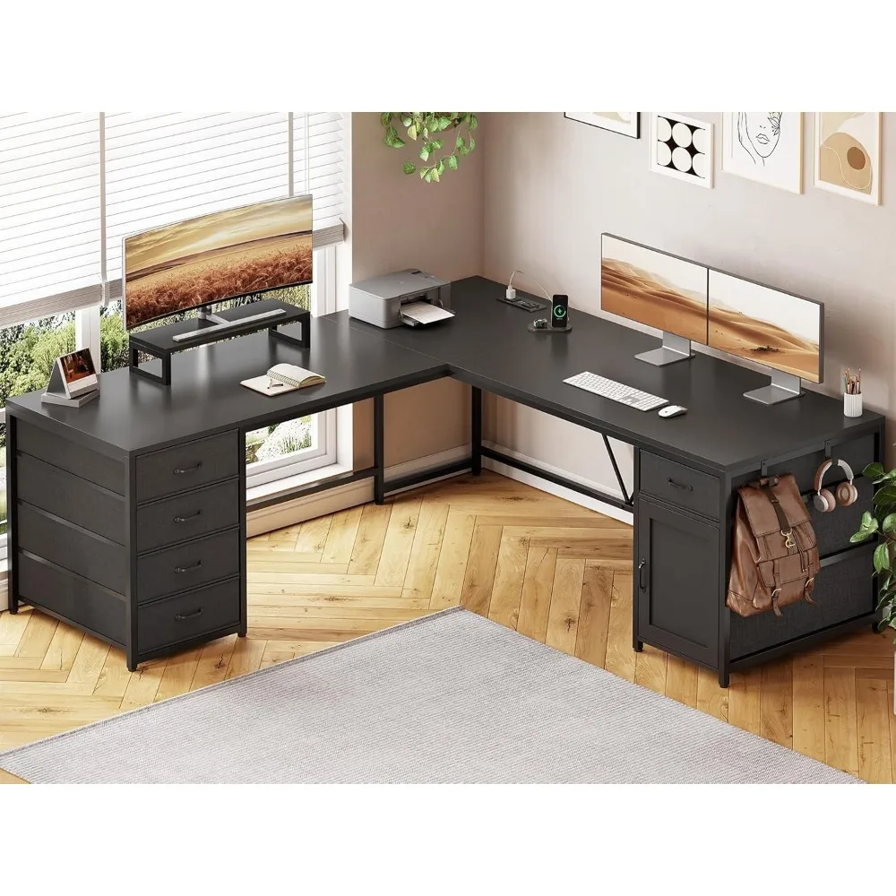 

Premium L Shaped Desk, 63'' Computer Desk with 5 Drawer & Power Outlet,Long Home Office Desk or Corner Desk, L Shaped Corn