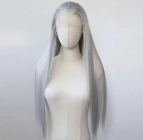 Silver Grey Synthetic Lace Front Wig Long Straight Lace Front Synthetic Wig Pre Plucked Heat Resistant Hair Daily Wear Cosplay